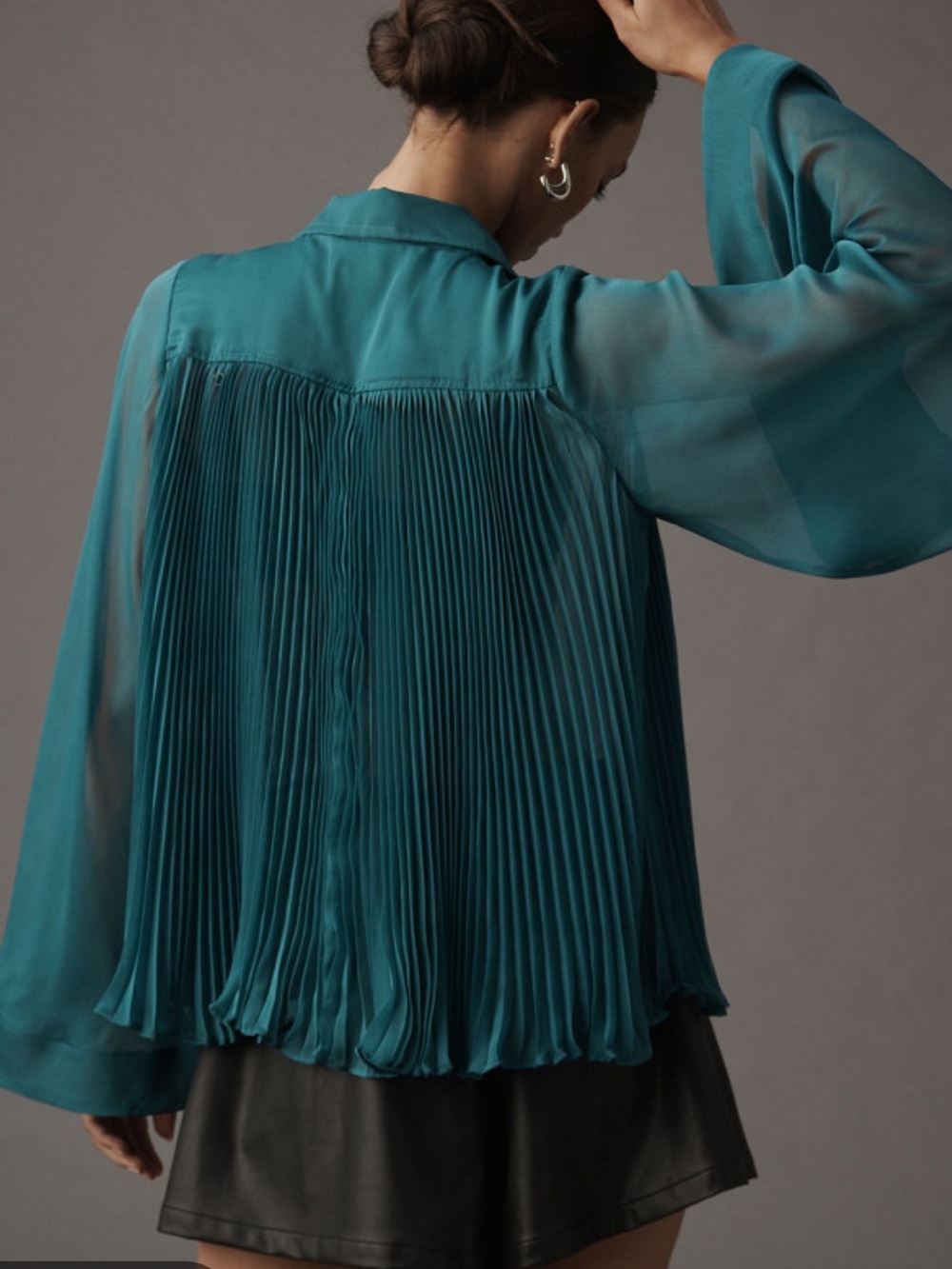 MAEVE ANTHROPOLOGIE SHEER PLEATED CAPE SLEEVE BUTTON DOWN BLOUSE GREEN NEW LARGE
